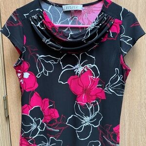 Kasper Black Blouse with Pink Floral Design